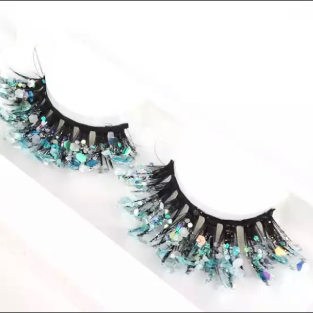 Blue Shining Gold Glitter Eyelashes Handmade Dramatic - Picture 2 of 2